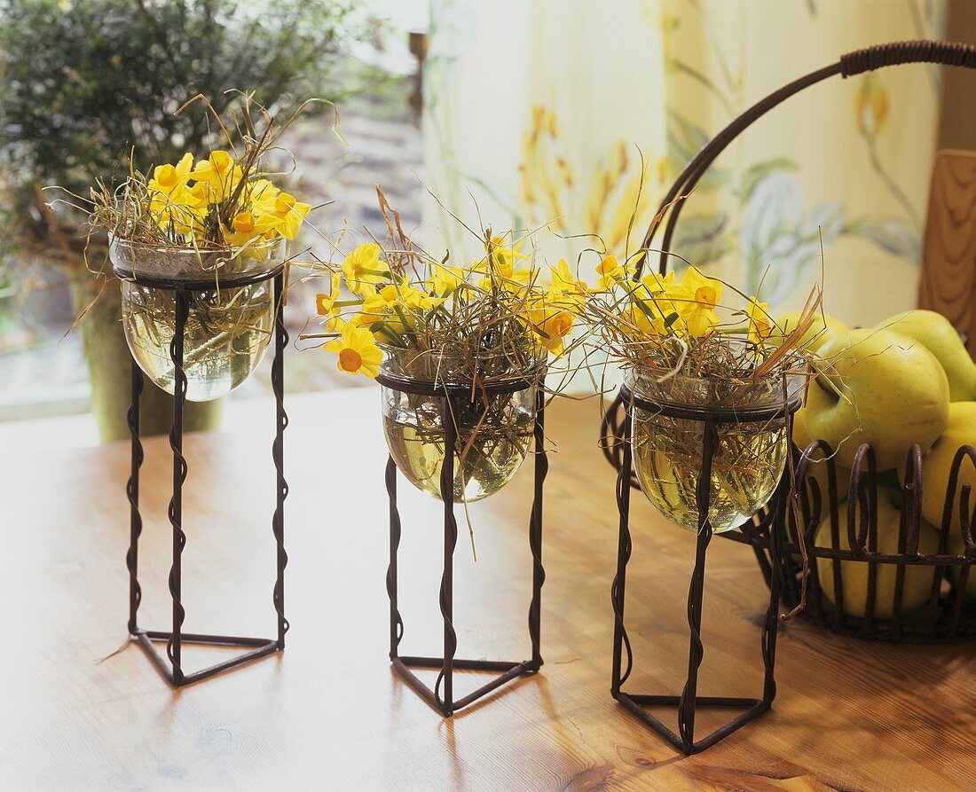 Small arrangements of daffodils and hay