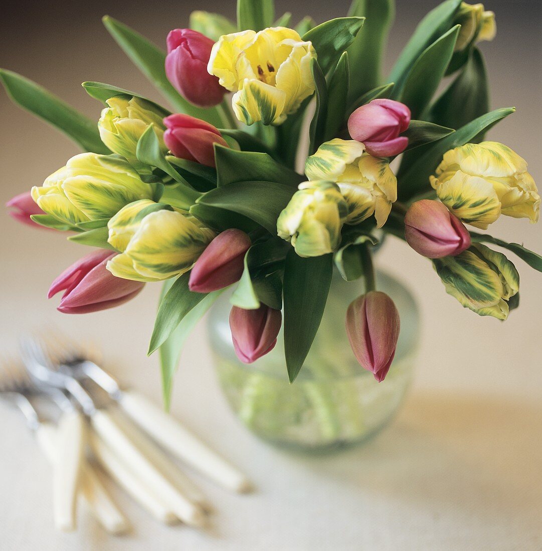A colourful bouquet of tulips in a glass vase, with cutlery 