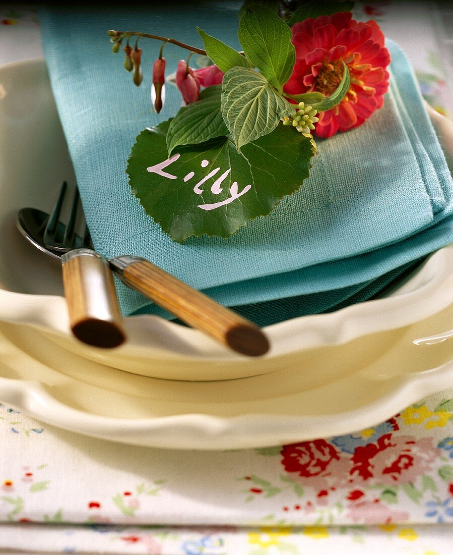 Place-setting with leaf as place-card
