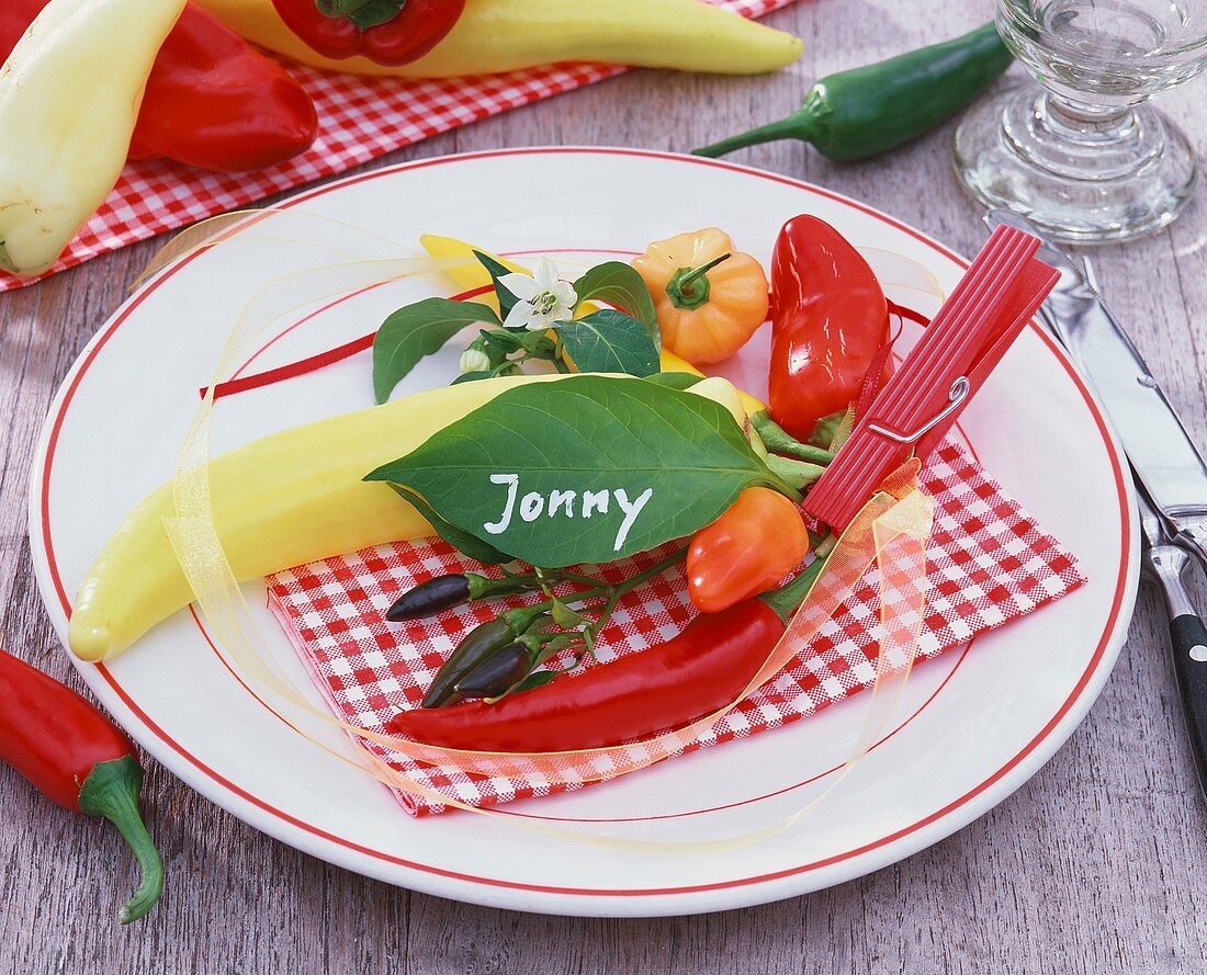 Rustic place-setting with peppers and place card (leaf)