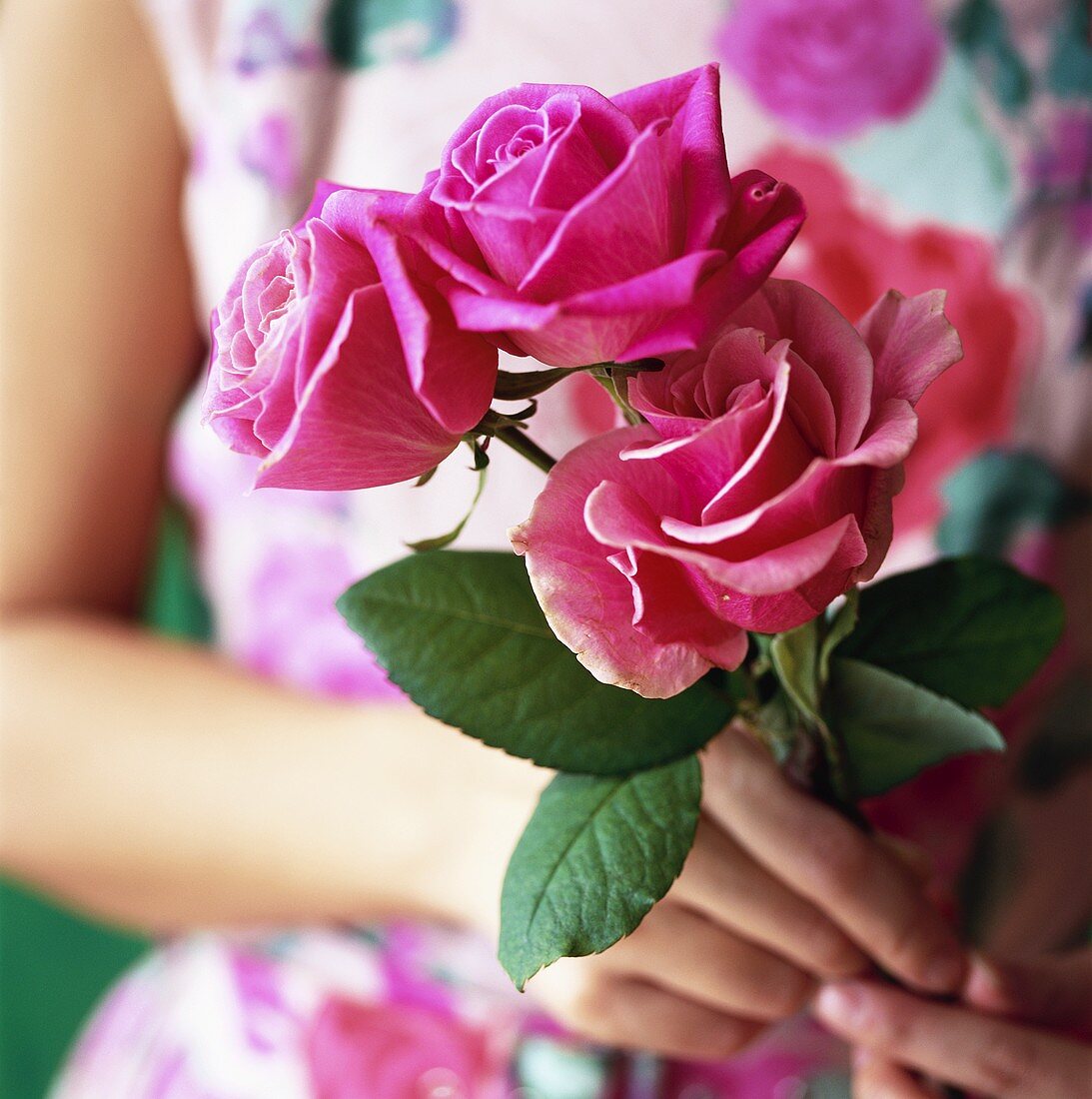 Frau im romantischen Kleid hält drei rosa Rosen