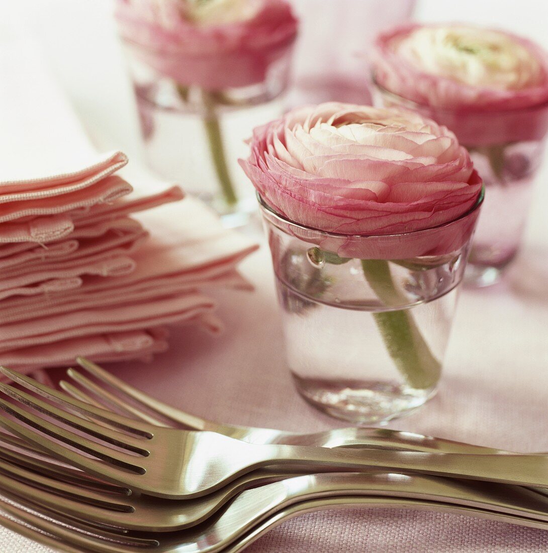 Romantische Tischdeko mit rosa Ranunkeln in Wassergläsern