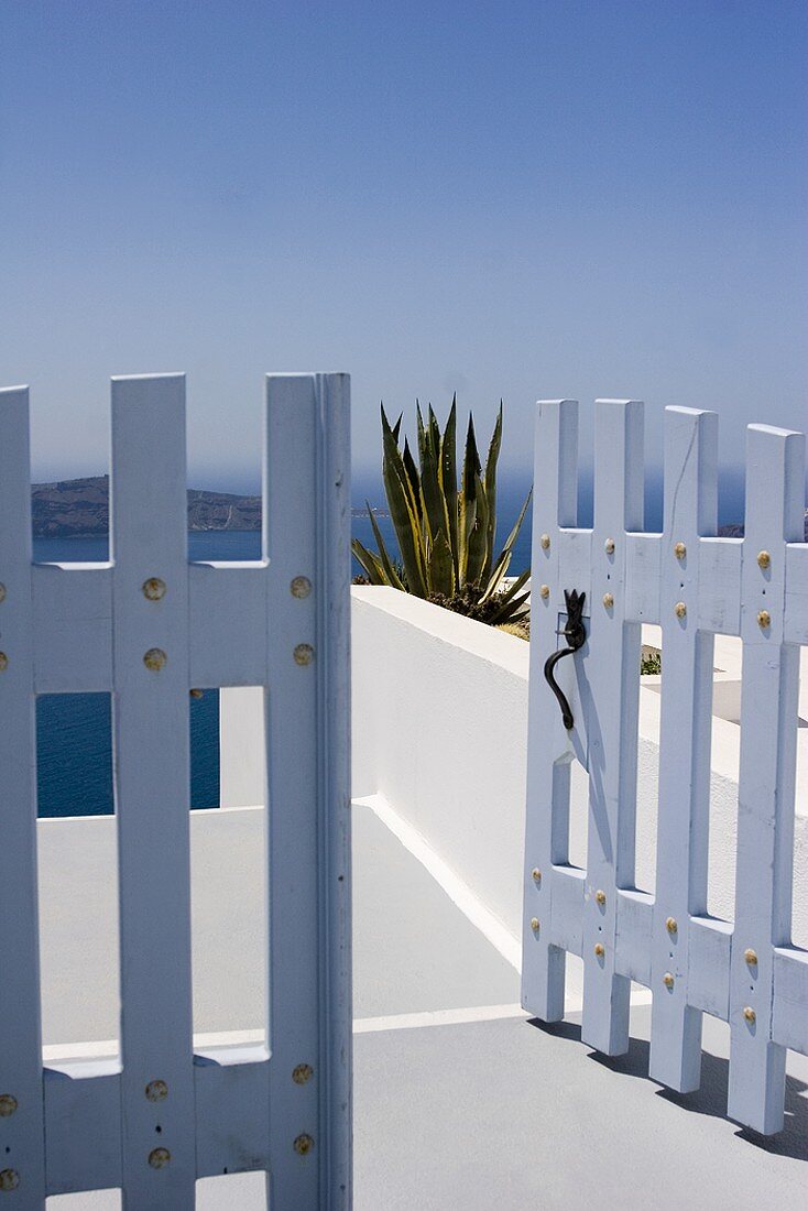 View of agave and sea through a garden gate