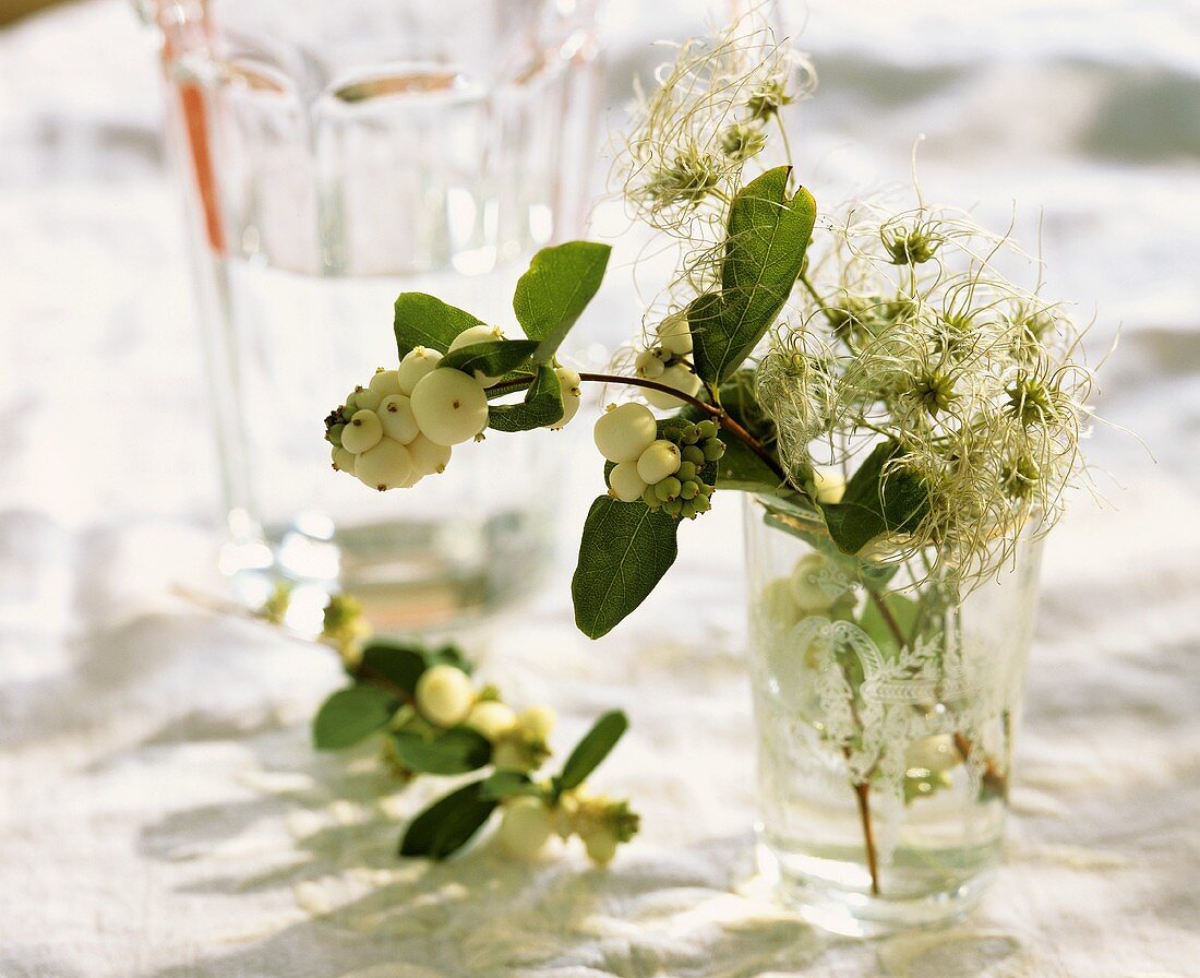 Snowberries with Clematis seed heads in glass