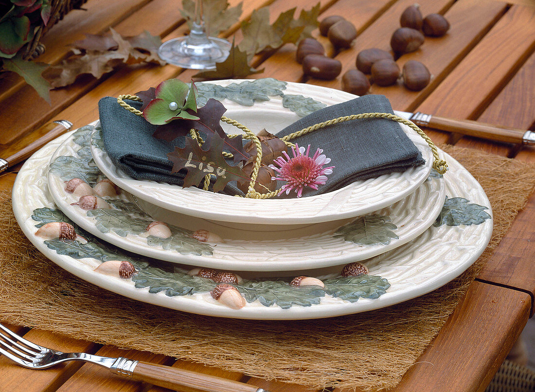 Herbstliche Tischdeko: Eichelgeschirr mit Serviettendeko