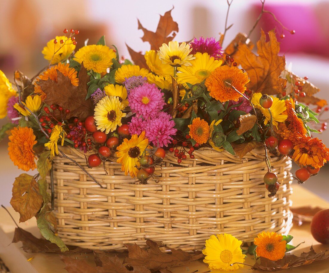Basket of rose hips, marigolds and chrysanthemums