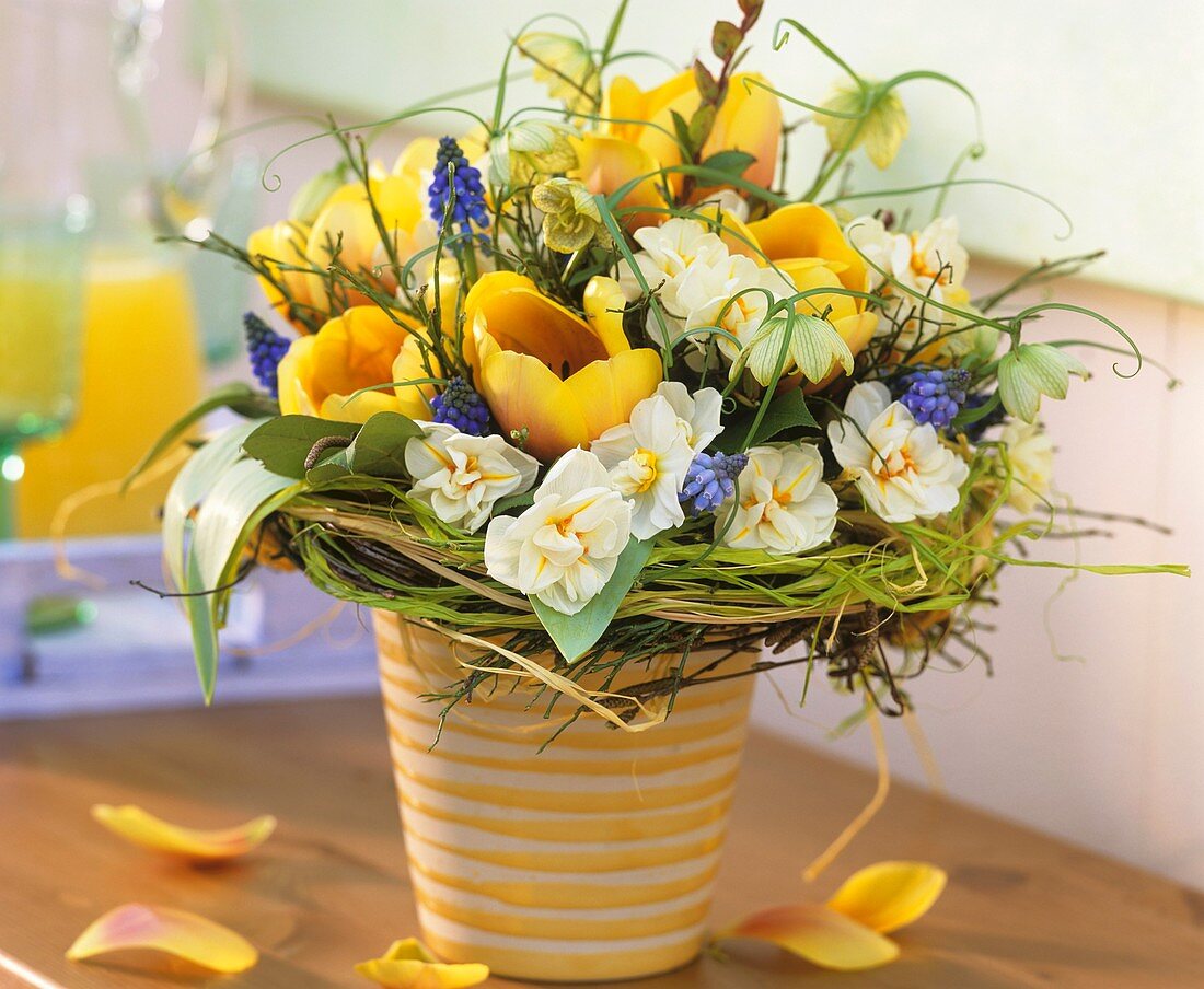 Spring posy of narcissi, tulips and grape hyacinths