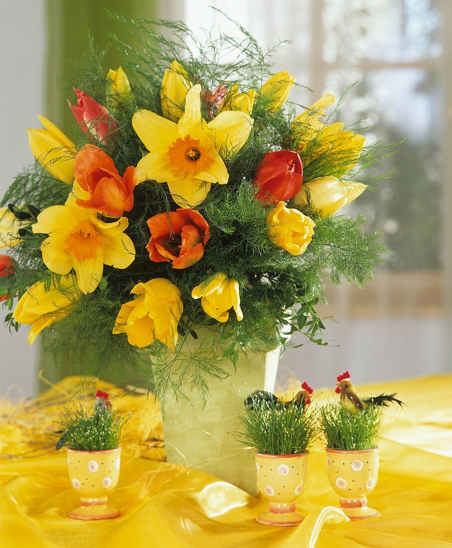 Arrangement of tulips and daffodils
