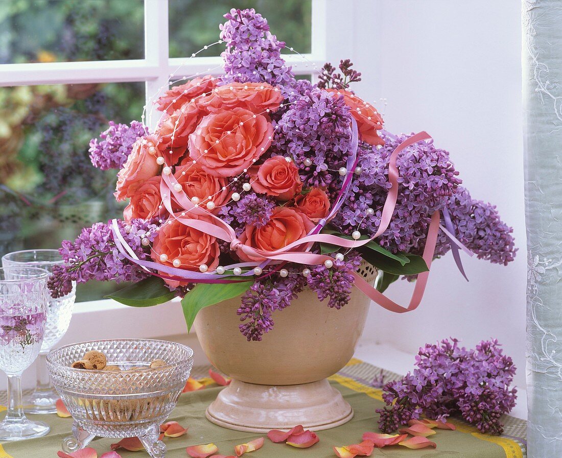 Festive arrangement of roses and lavender