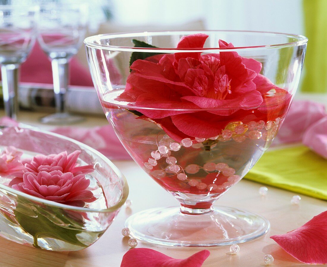 Glasschale mit Kamelienblüten und Perlenkette
