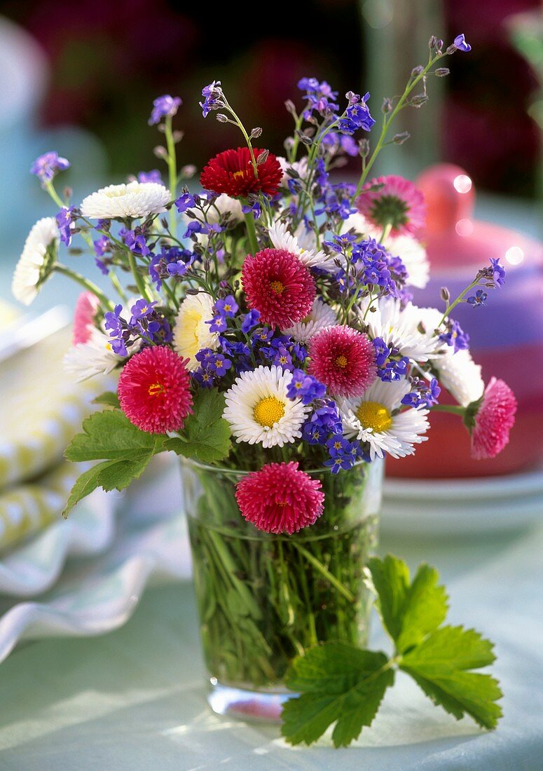 Forget-me-nots and daisies in a glass