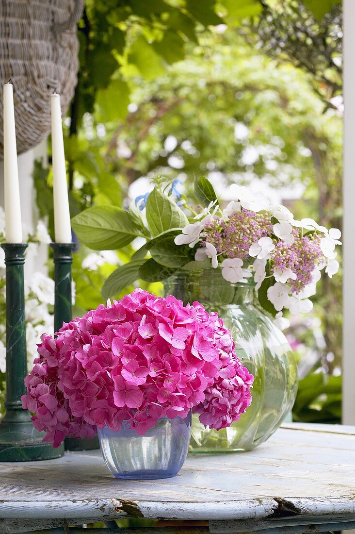 Hydrangeas in glass vases on garden table
