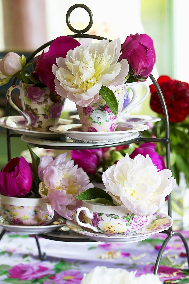 Arrangement of peonies in cups and saucers on tiered stand
