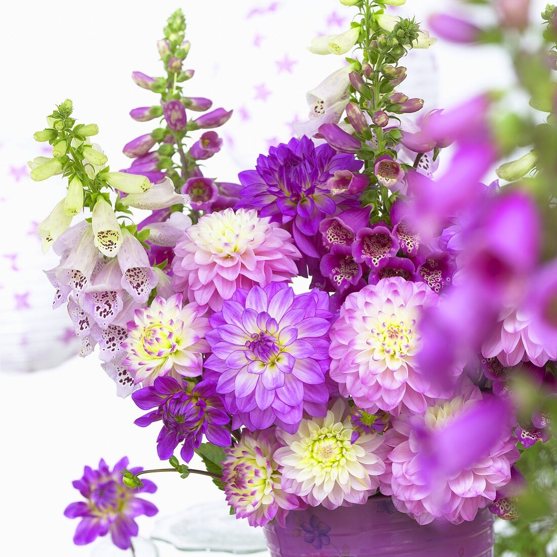 Arrangement of dahlias and other summer flowers in pink