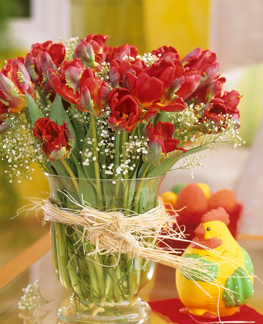 Parrot tulips with gypsohila and Easter decorations