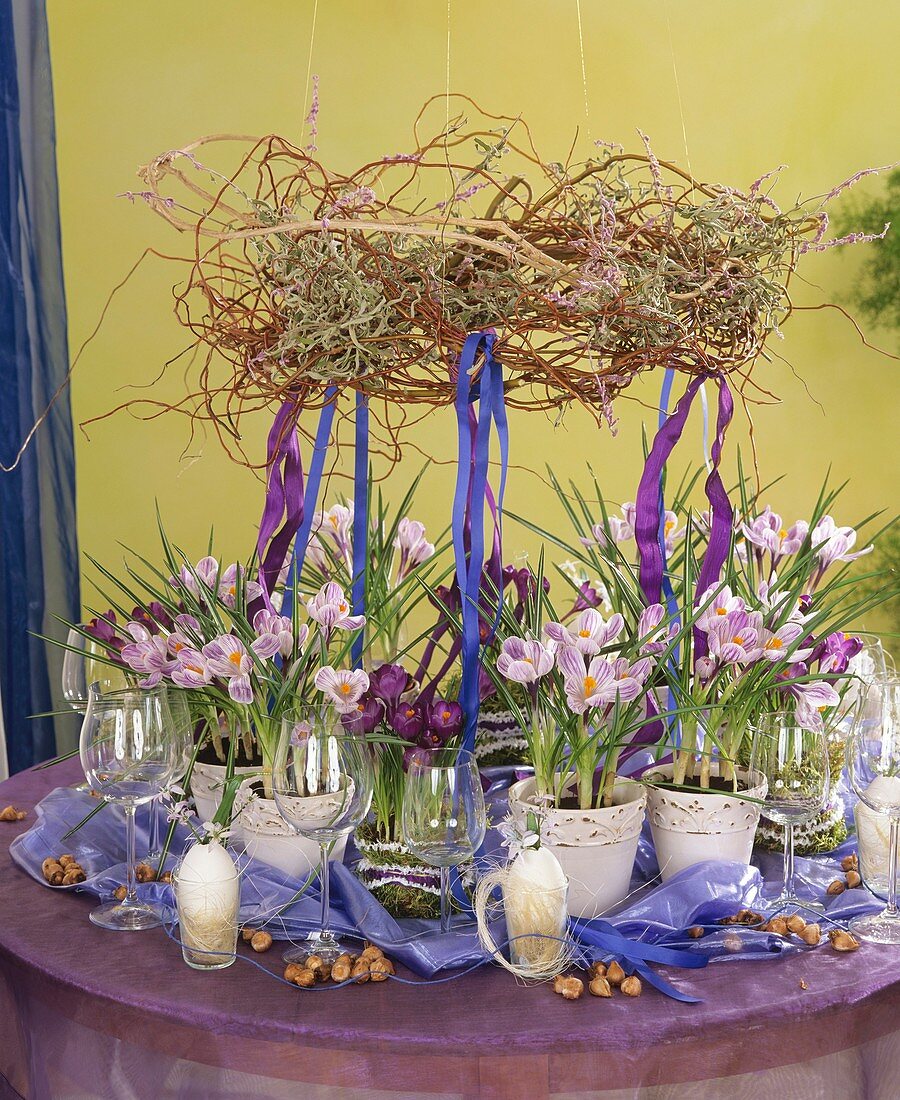 Easter table decoration with crocuses