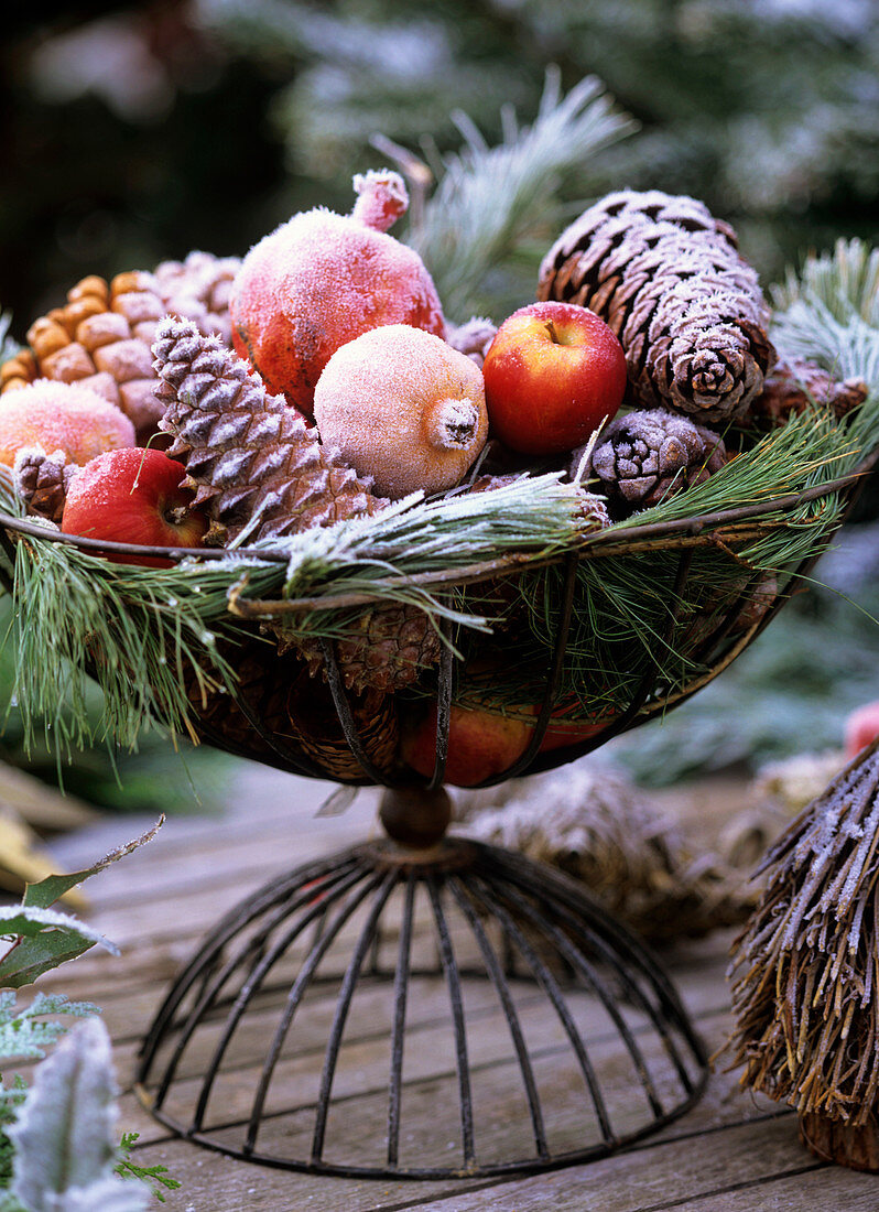 Iron basket with winter decoration