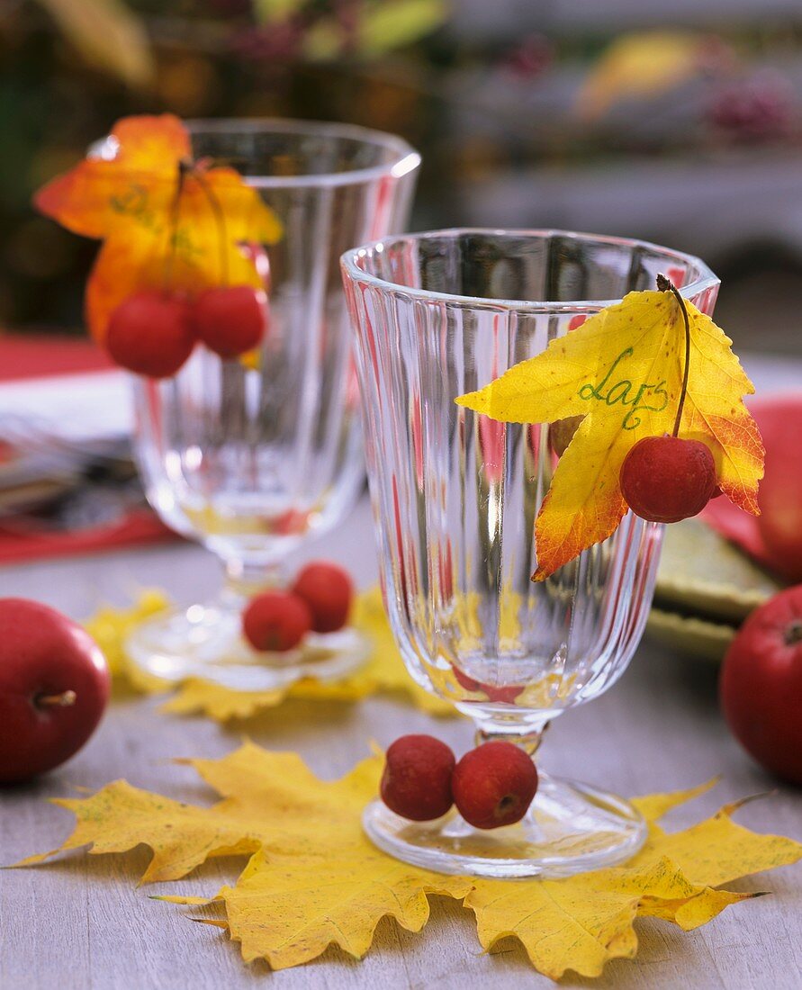 Trinkgläser dekoriert mit Zieräpfeln und Äpfeln