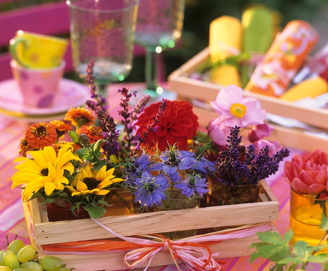Holzkiste mit Sonnenblumen, Jungfer im Grünen und Lavendel