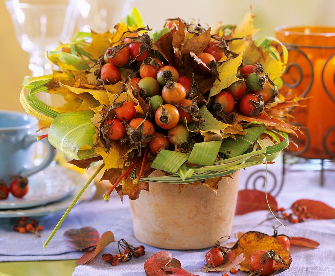 Arrangement of rose hips, maple leaves and Chinese silvergrass