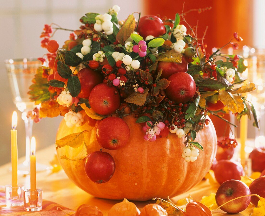 Autumn arrangement in hollowed-out pumpkin