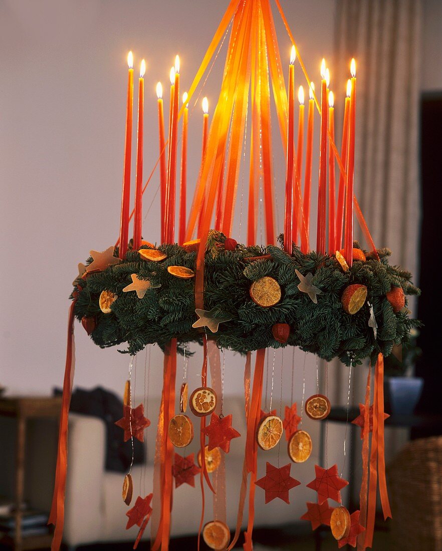 Hanging Advent wreath with slices of orange and stars