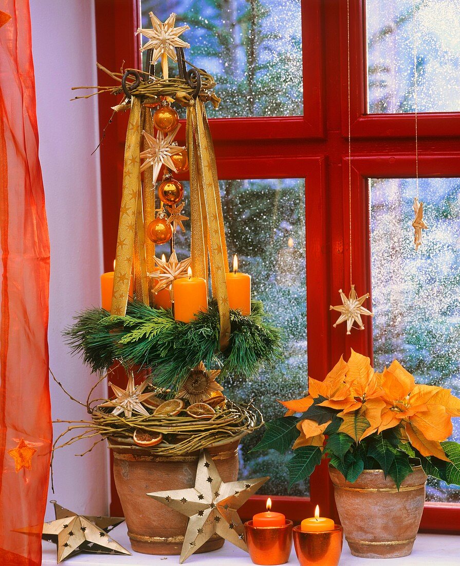Hanging Advent wreath, poinsettia on window-sill