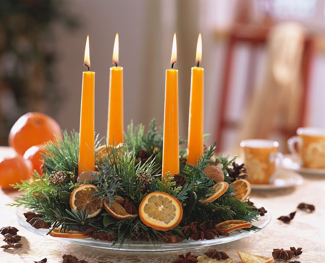 Advent wreath with dried orange slices