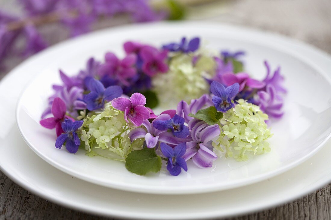 Blumenkranz aus Hyazinthen, Veilchen und Schneeball auf Teller