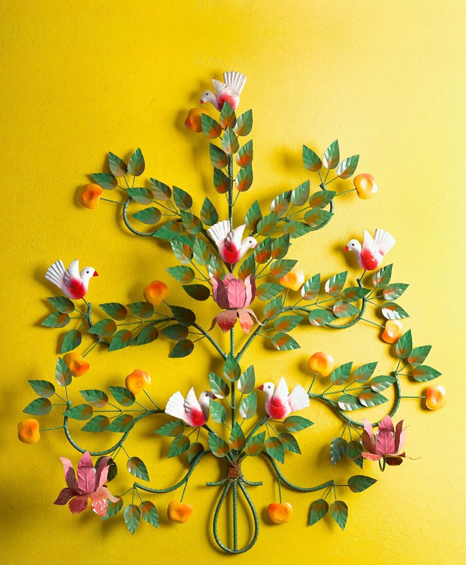 Decorative metal tree with birds and apples