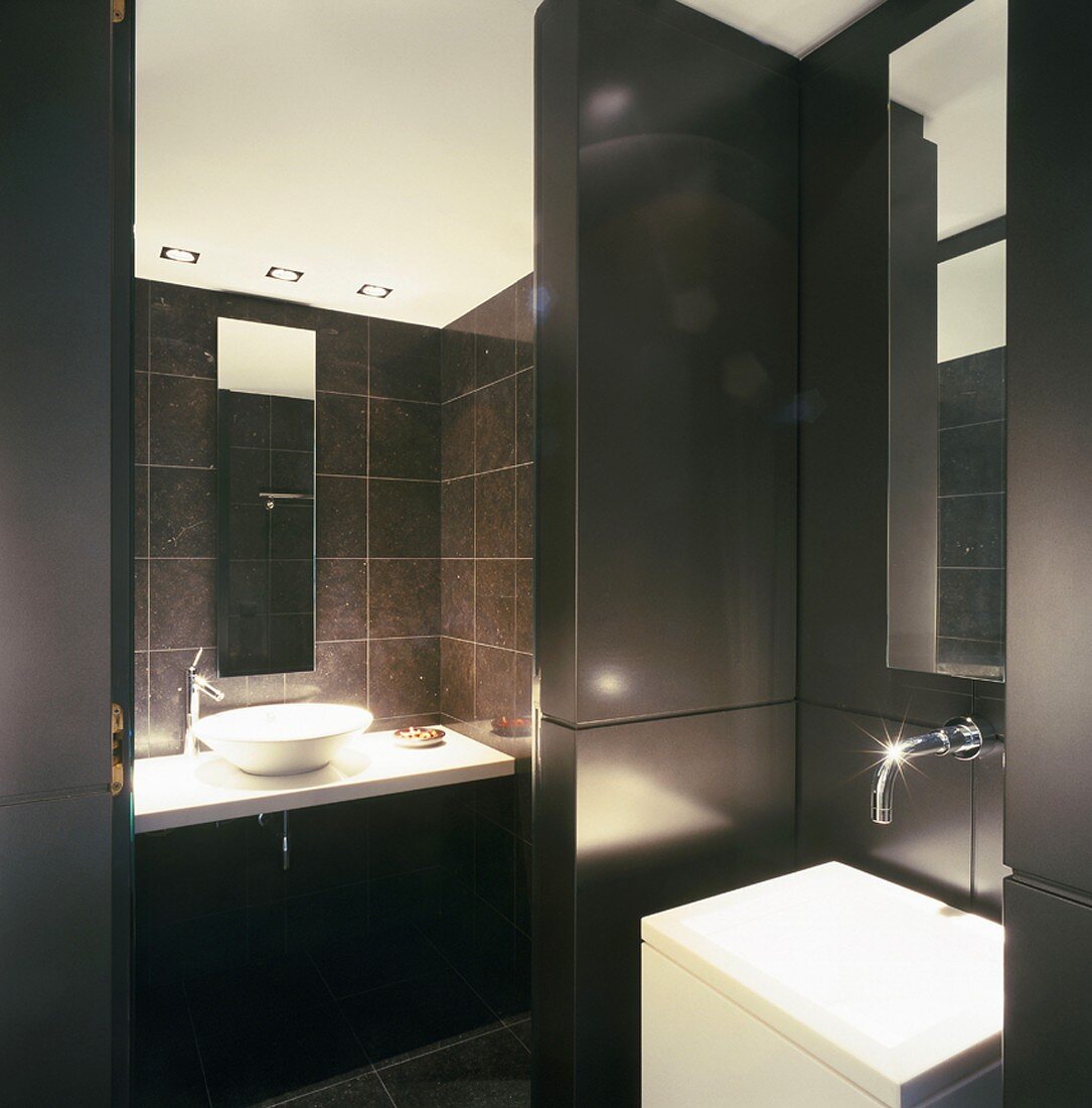 Abgetrennte Räume mit verschiedenem Waschbecken-Design im dunkelbraunen Badezimmer