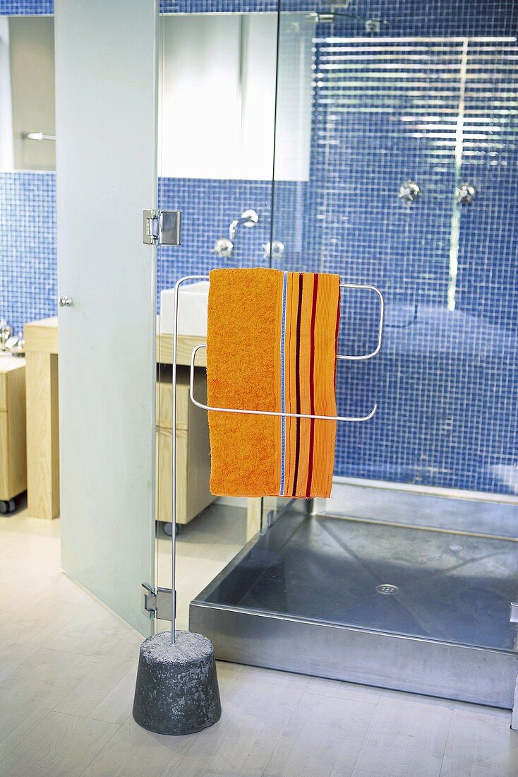 Eine Duschkabine und Handtuchhalter aus Metall