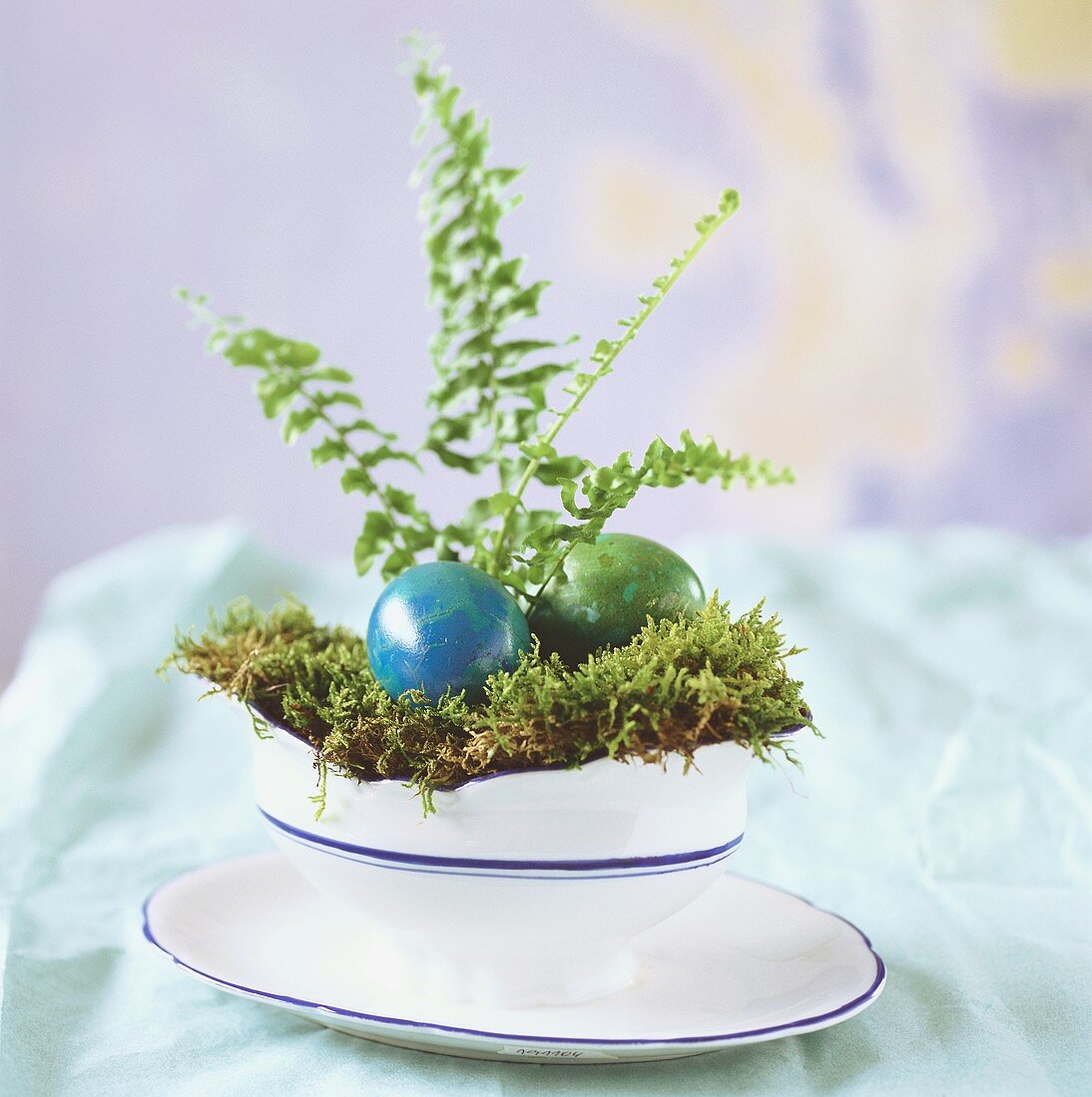 Coloured Easter eggs on moss in a dish