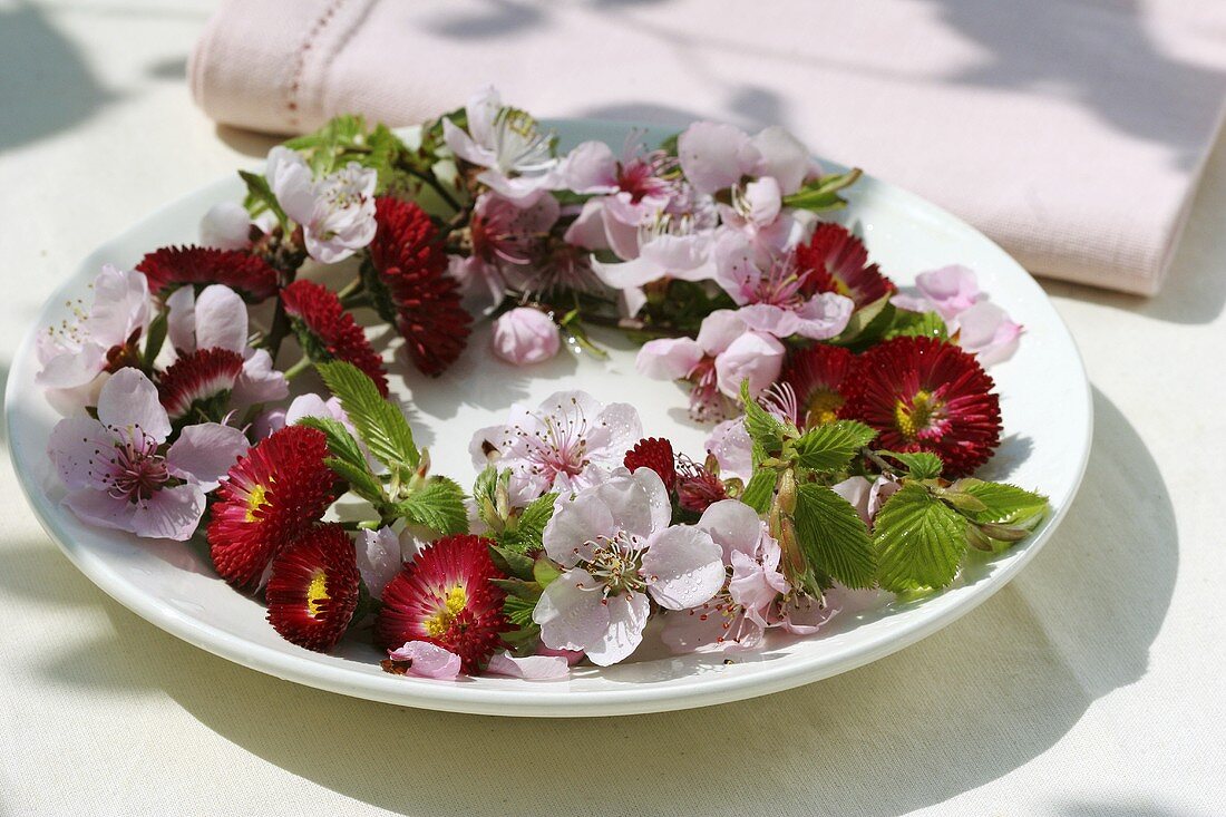 Wreath of Bellis and peach blossom
