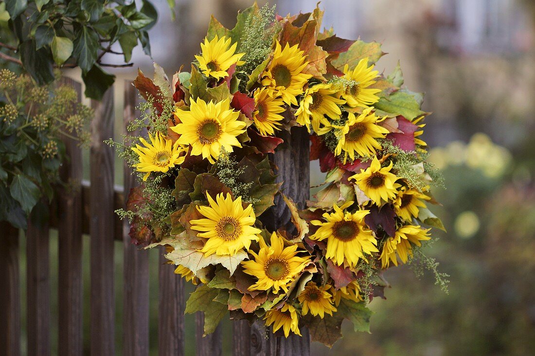 Wreath of sunflowers, foliage and millet