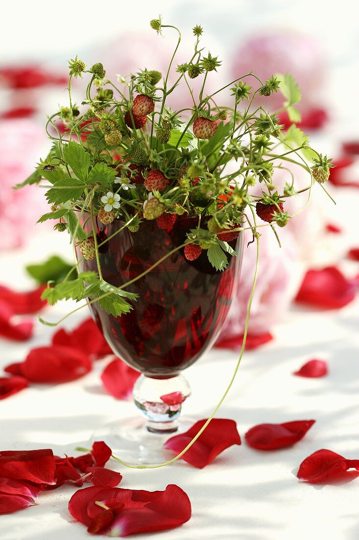 Posy of wild strawberries in a glass
