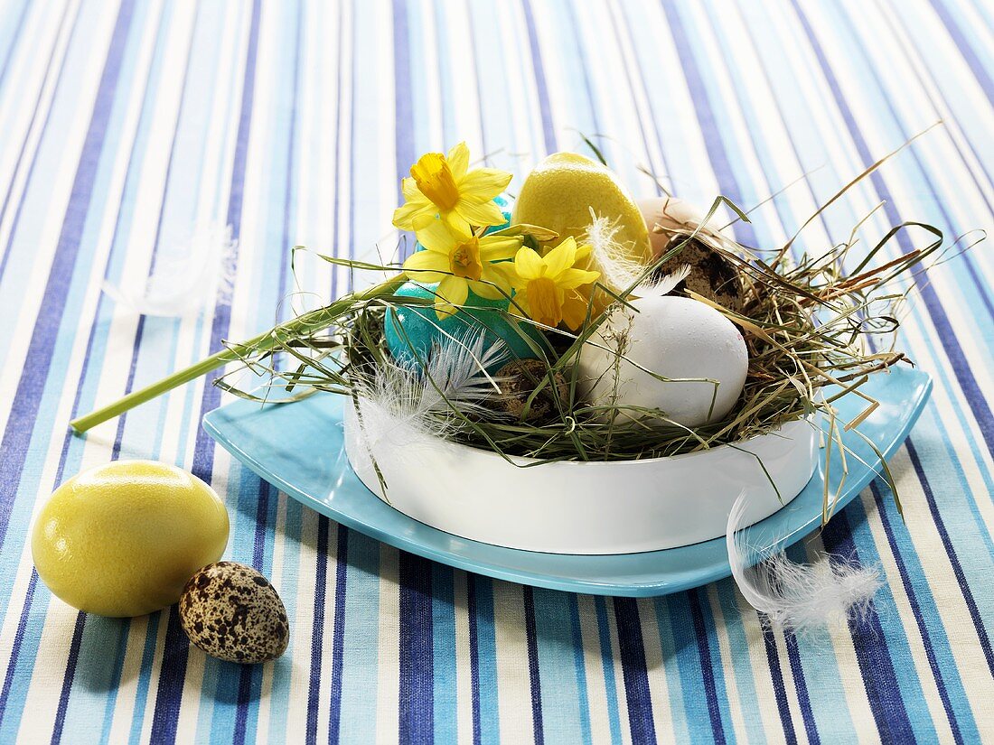 Verschiedene Eier im Osternest mit Narzissen und Heu