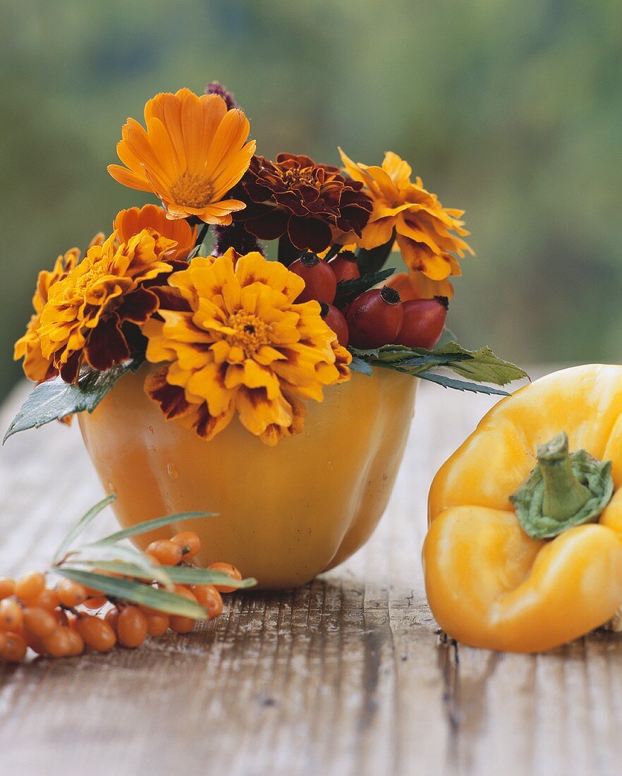 Pepper filled with autumn flowers