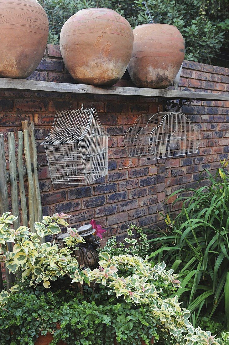 Green plants and terracotta pots on a garden wall