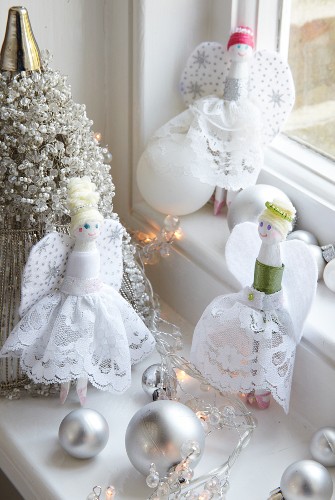 Hand-sewn angel dolls as Christmas decorations