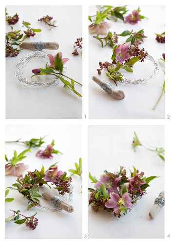 A wreath of Christmas rose being made