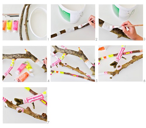 Branches decoratively painted in neon colours