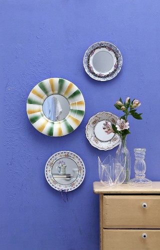 Decorative wall plates made from old china and round mirrored coasters