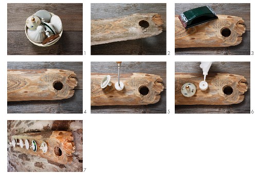 Anleitung für DIY Vintage-Garderobe aus einem alten Stück Holz mit Astloch; aufgeschraubte Holzscheiben dienen als Klebefläche für verschiedene Porzellandeckel