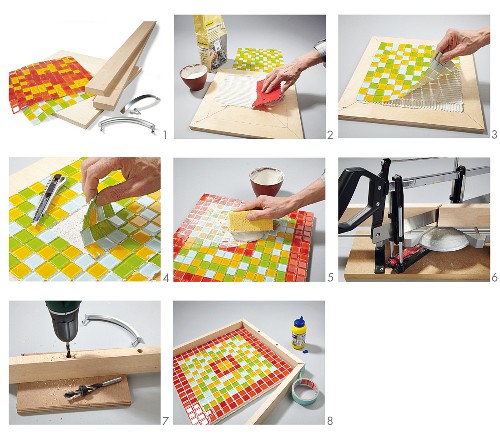 Instructions for making a wooden tray with mosaic tiles