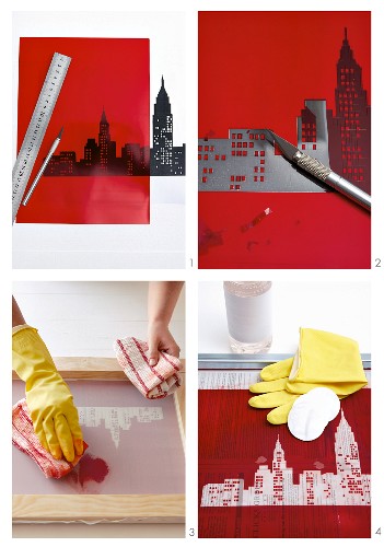 Photo sequence with steps for making a screen print of the New York skyline