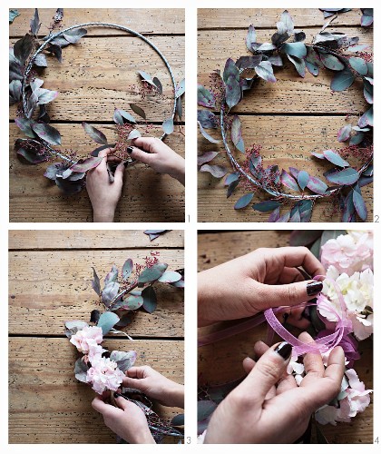 Instructions for making a wreath of poplar and hydrangeas
