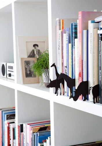 Various animal sihouettes made from black cardboard between books on white bookcase
