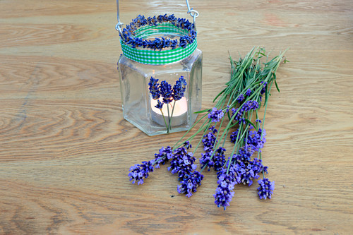 Handmade candle lantern decorated with scented lavender