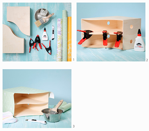 Instructions for making a corner shelving unit from box files covered in wallpaper